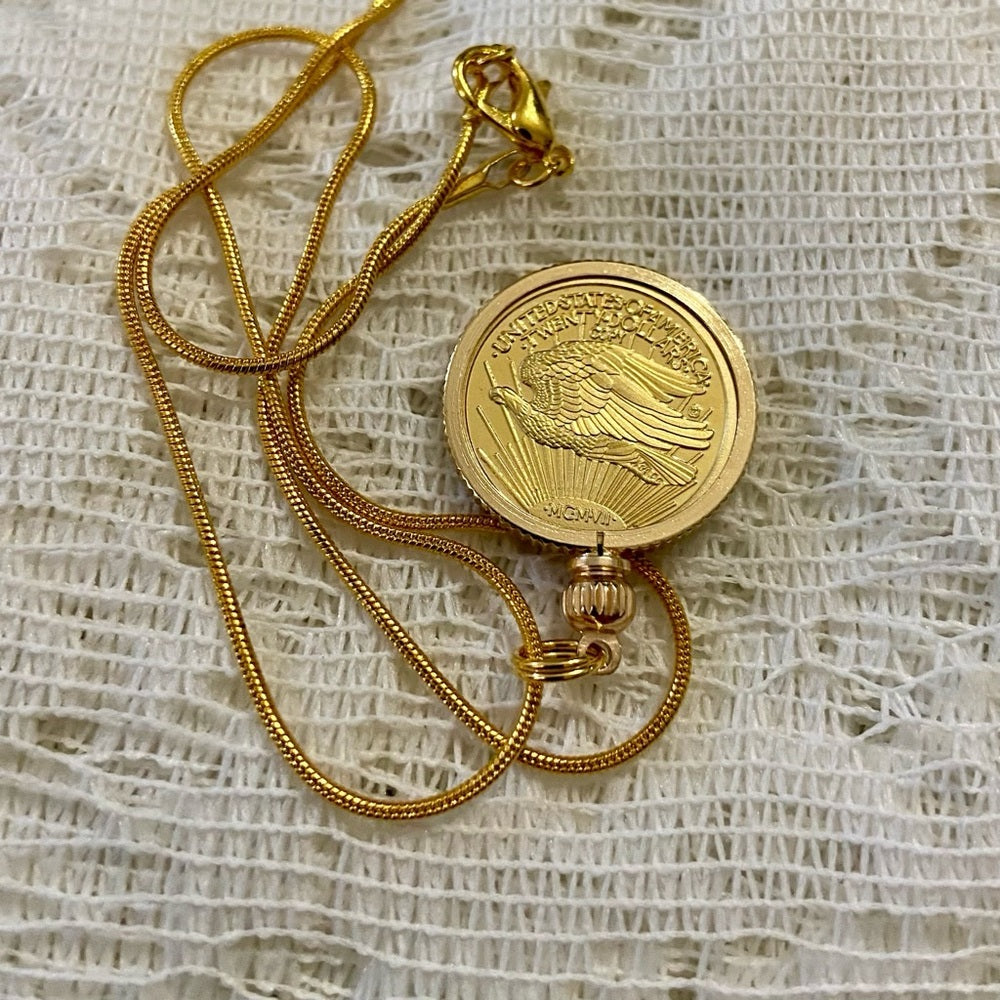 Liberty/ Twenty Dollars Gold Plated Coin Pendant w/ 18in Gold P…