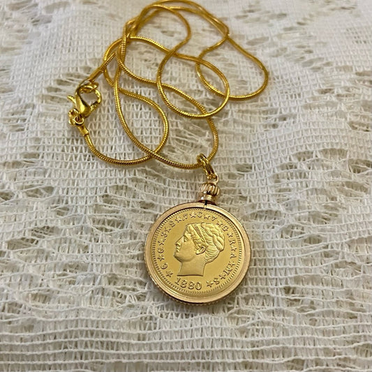 1880 Liberty/ One Stella 400 Cents Gold Plated Coin Pendant w/ 18in Gold P…