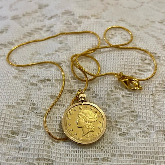 1861 Liberty/ Twenty D Gold Plated Coin Pendant w/ 18in Gold P…