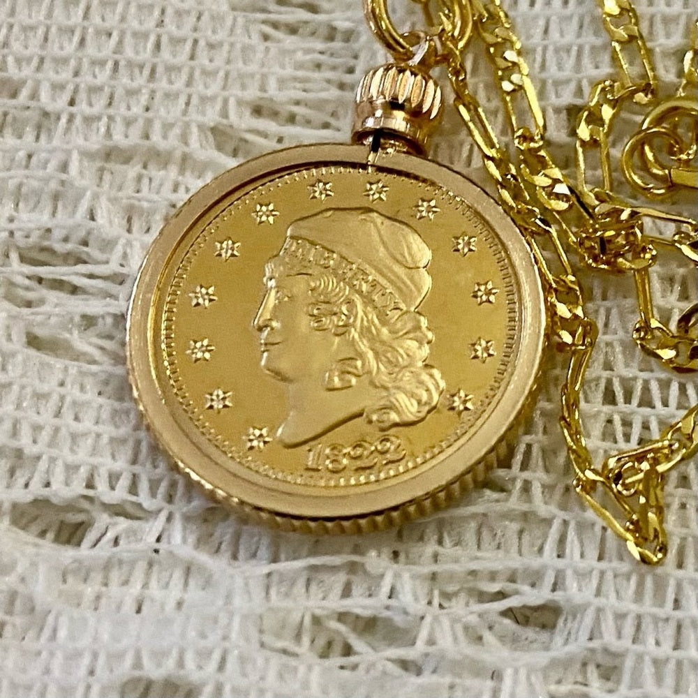 1822 Liberty/ Five D Gold Plated Coin Pendant w\ 18in Gold Plated Chain