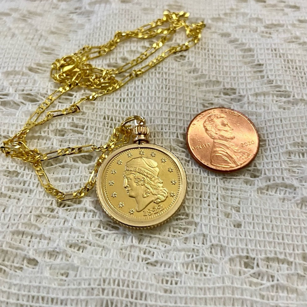 1822 Liberty/ Five D Gold Plated Coin Pendant w\ 18in Gold Plated Chain