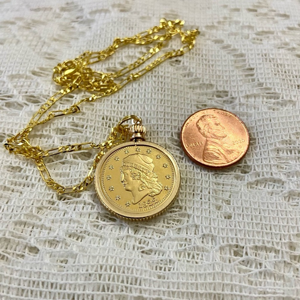 1822 Liberty/ Five D Gold Plated Coin Pendant w\ 18in Gold Plated Chain