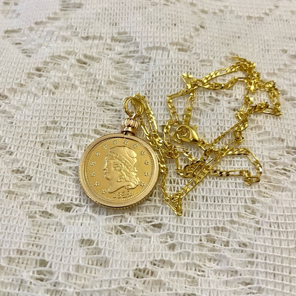 1822 Liberty/ Five D Gold Plated Coin Pendant w\ 18in Gold Plated Chain