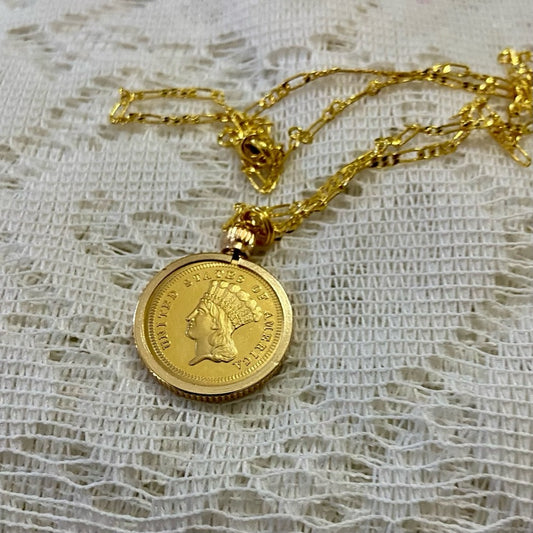 1855 Liberty/ 3 Dollars Gold Plated Coin Pendant w\ 18in Gold Plated Chain