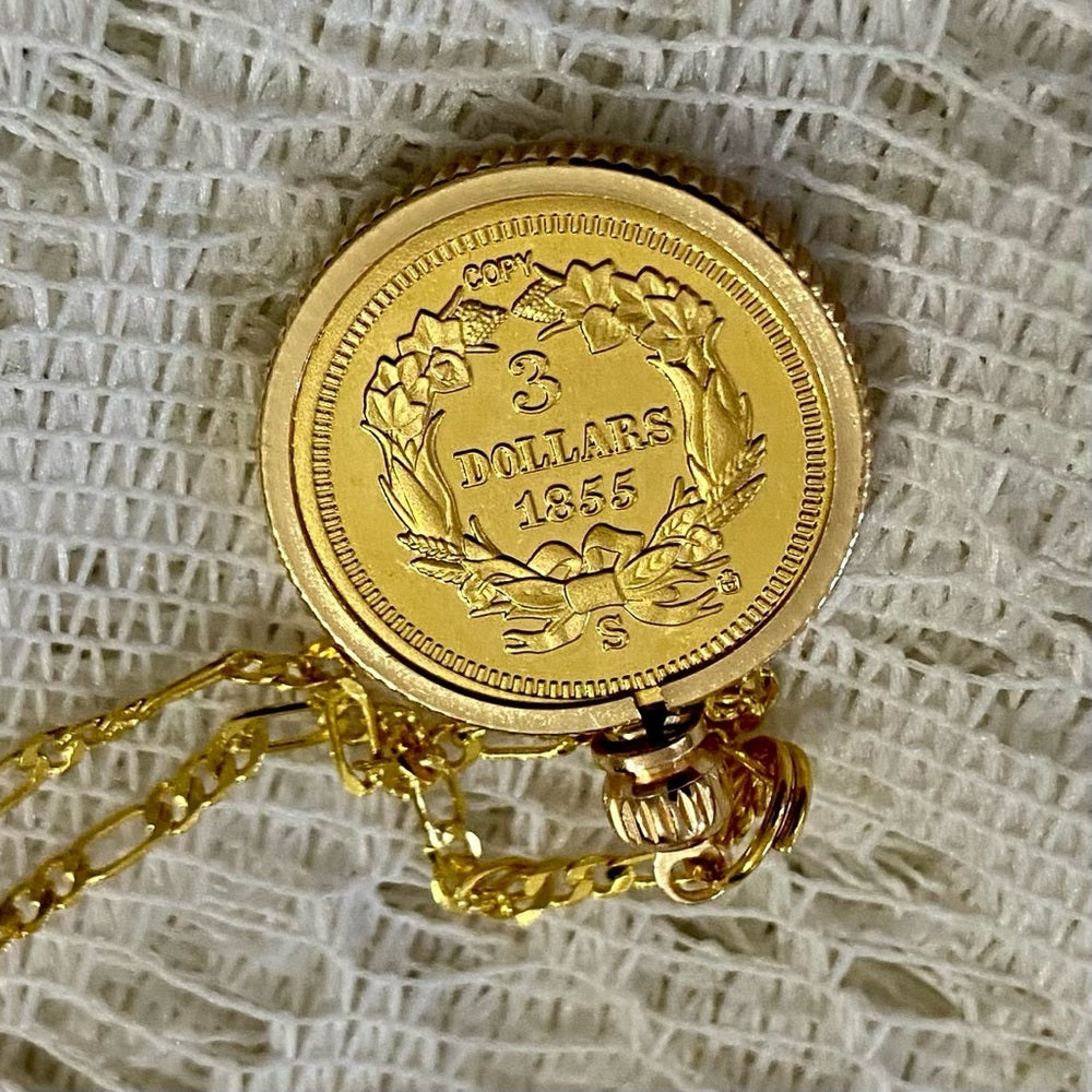 1855 Liberty/ 3 Dollars Gold Plated Coin Pendant w\ 18in Gold Plated Chain