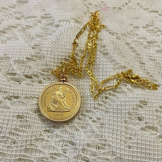 1878 Seating Liberty One Dime Gold Plated Coin Pendant w\ 18in Gold Plated Chain