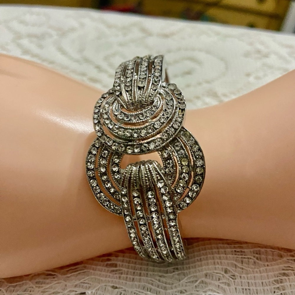 Art Deco, Clear Crystal, Chunky Silver Tone Hinged Bracelet
