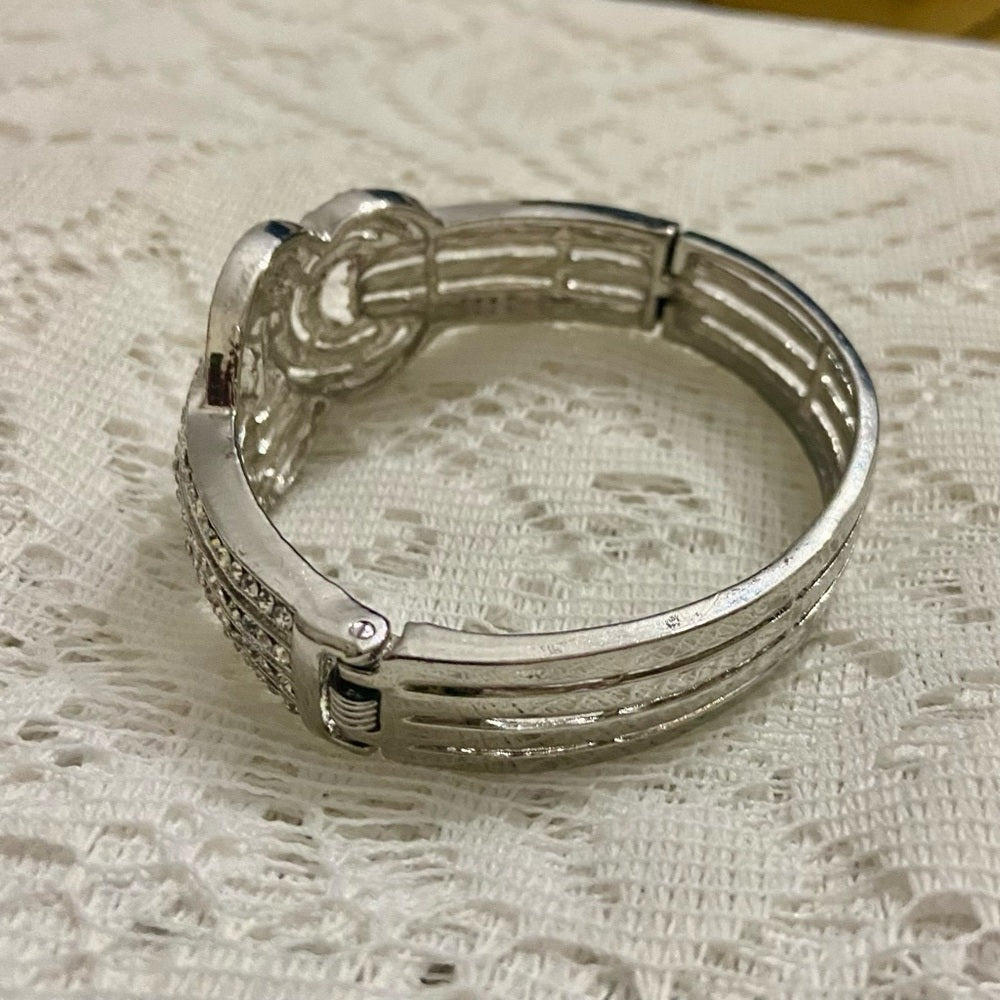 Art Deco, Clear Crystal, Chunky Silver Tone Hinged Bracelet