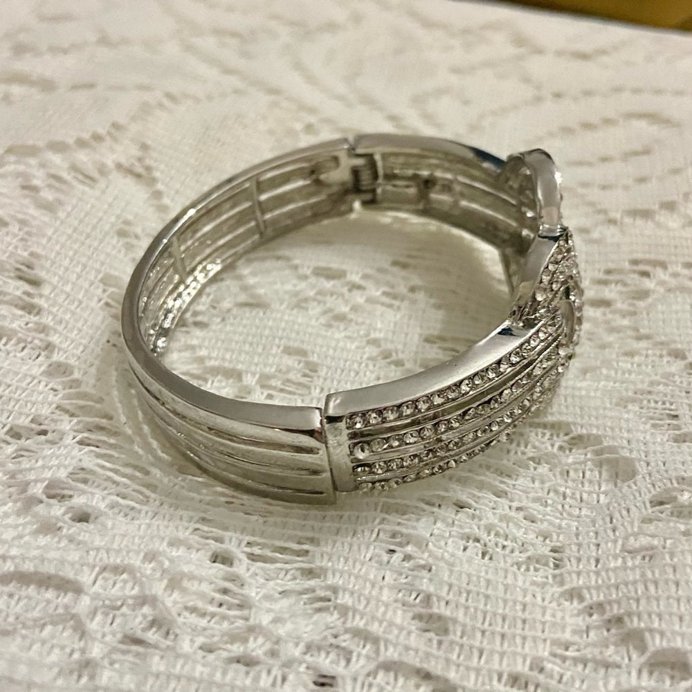 Art Deco, Clear Crystal, Chunky Silver Tone Hinged Bracelet