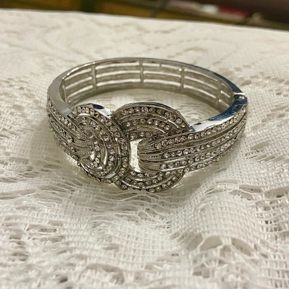 Art Deco, Clear Crystal, Chunky Silver Tone Hinged Bracelet
