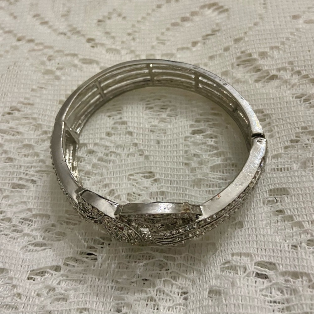Art Deco, Clear Crystal, Chunky Silver Tone Hinged Bracelet