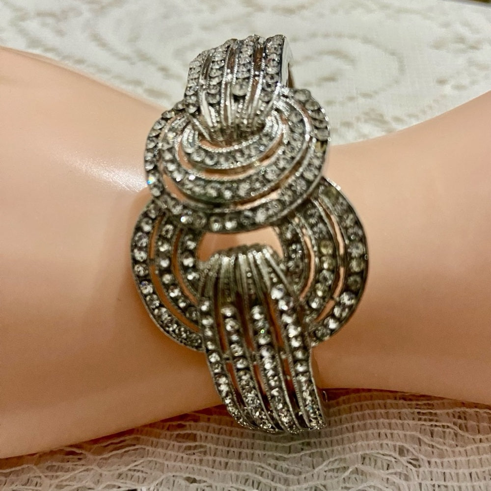 Art Deco, Clear Crystal, Chunky Silver Tone Hinged Bracelet