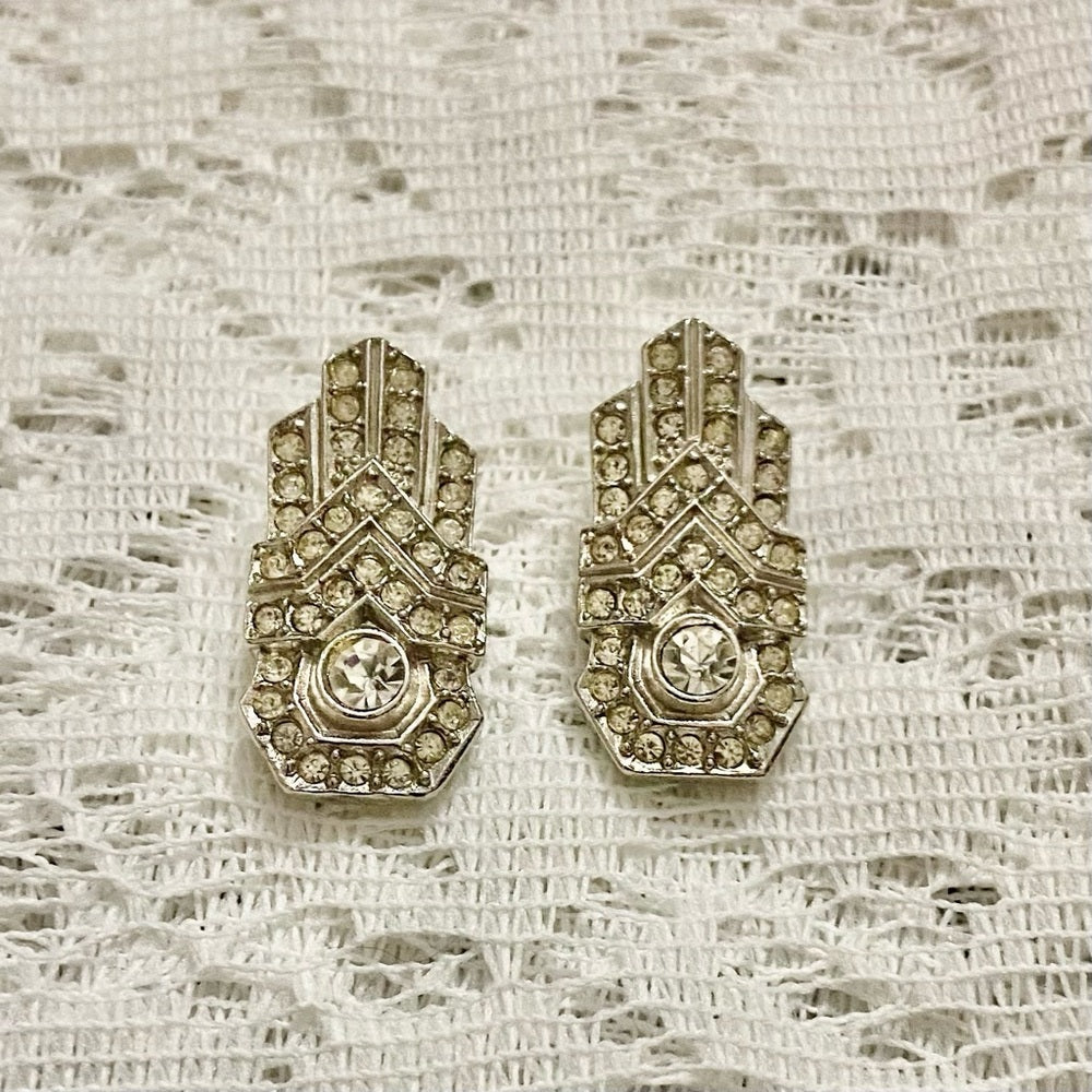 Art Deco- Vintage Sphinx-Boucher Silver Tone with Clear Crystal Clip Earrings