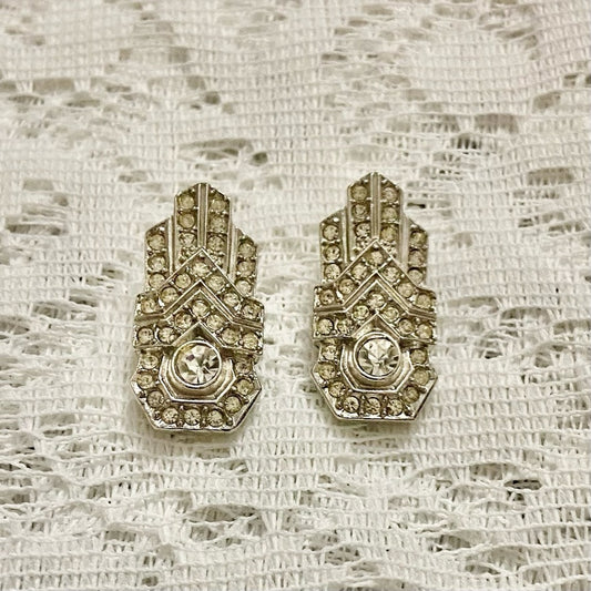 Art Deco- Vintage Sphinx-Boucher Silver Tone with Clear Crystal Clip Earrings