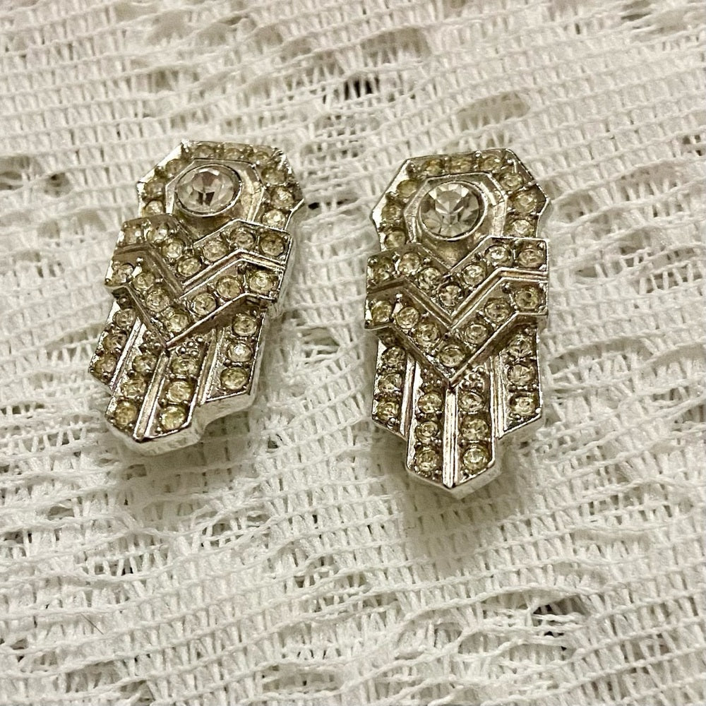 Art Deco- Vintage Sphinx-Boucher Silver Tone with Clear Crystal Clip Earrings