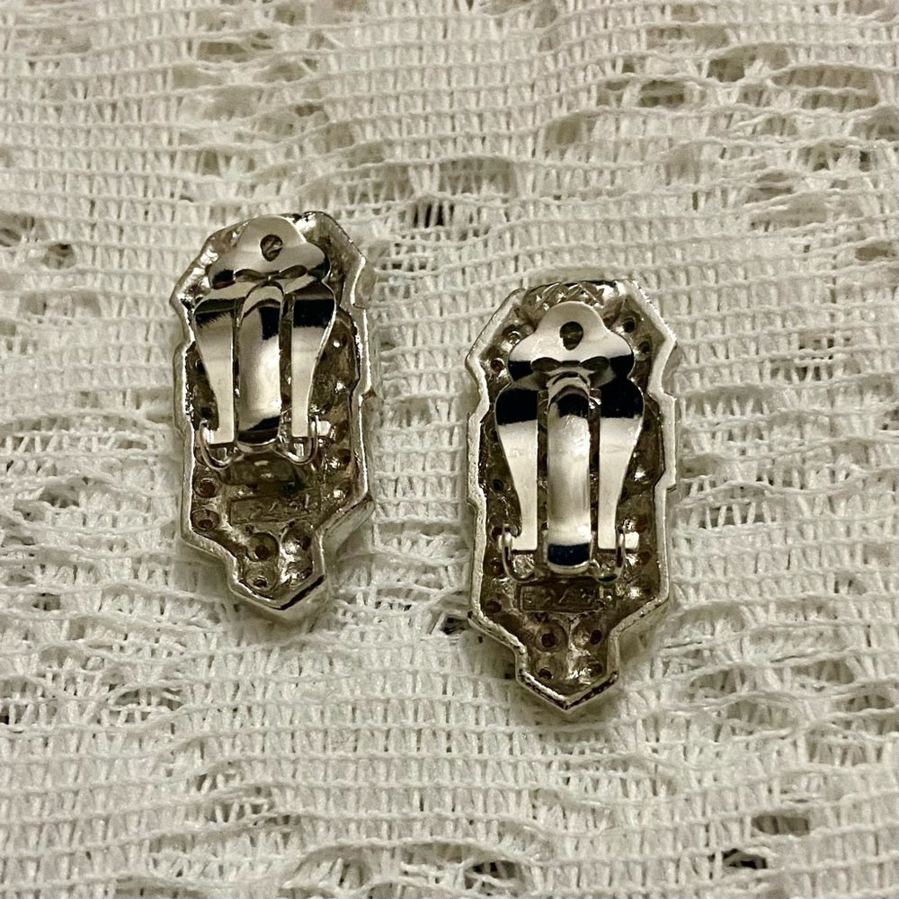 Art Deco- Vintage Sphinx-Boucher Silver Tone with Clear Crystal Clip Earrings