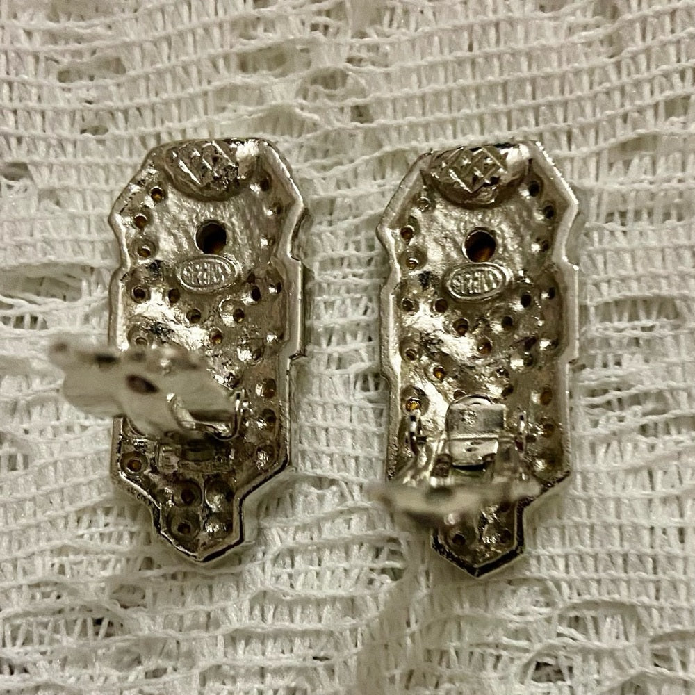 Art Deco- Vintage Sphinx-Boucher Silver Tone with Clear Crystal Clip Earrings