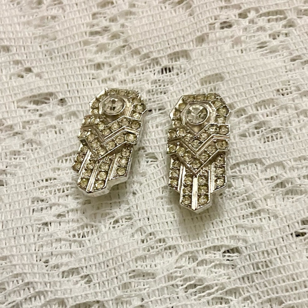 Art Deco- Vintage Sphinx-Boucher Silver Tone with Clear Crystal Clip Earrings