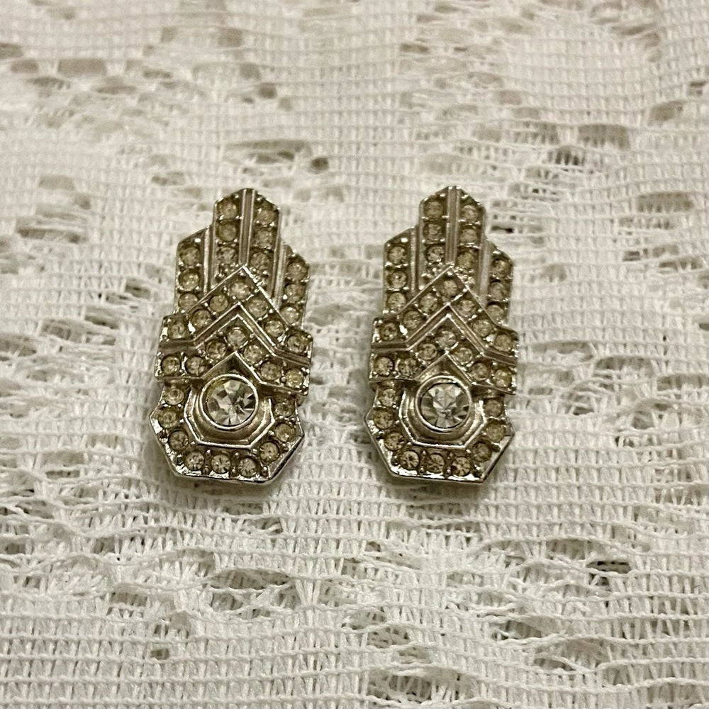 Art Deco- Vintage Sphinx-Boucher Silver Tone with Clear Crystal Clip Earrings