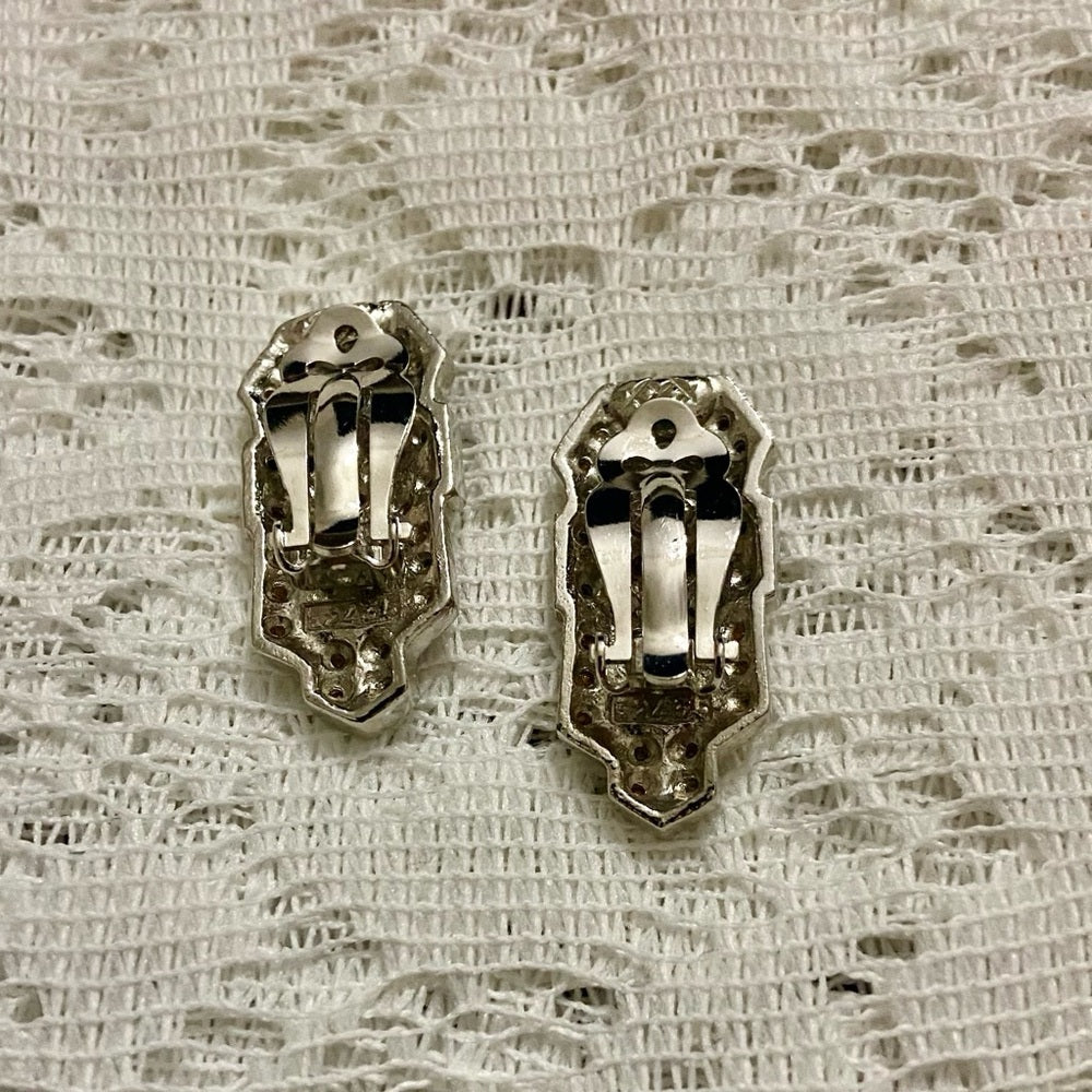 Art Deco- Vintage Sphinx-Boucher Silver Tone with Clear Crystal Clip Earrings