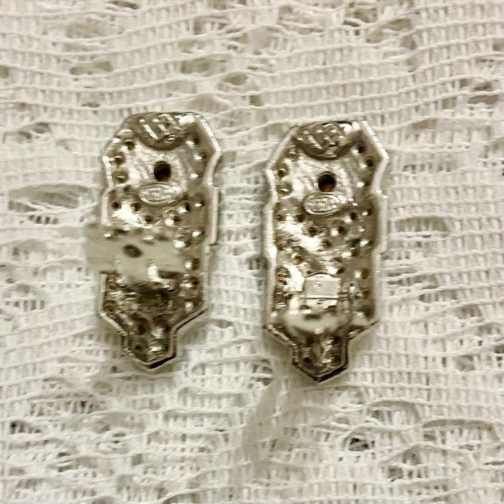 Art Deco- Vintage Sphinx-Boucher Silver Tone with Clear Crystal Clip Earrings