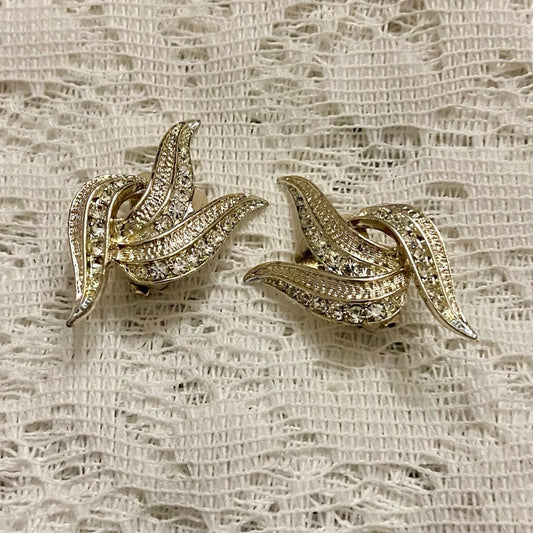Art Deco- Vintage Kramer Gold Tone with Clear Crystal Clip Earrings