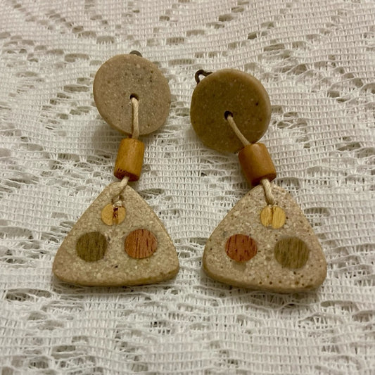 Vintage Carved Stone/ Ceramic Dangling Clip Earrings