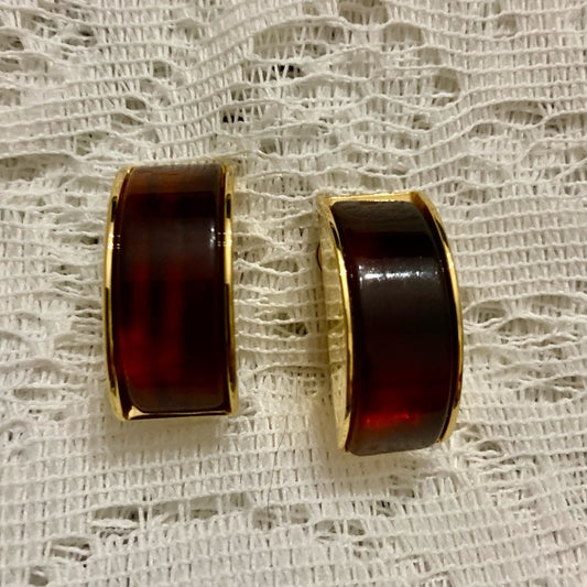Vintage, Gucci, Italy 1993 Gold -Burgundy Clip Earrings 1.5in x 1/2 in
