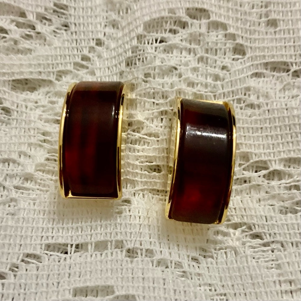 Vintage, Gucci, Italy 1993 Gold -Burgundy Clip Earrings 1.5in x 1/2 in