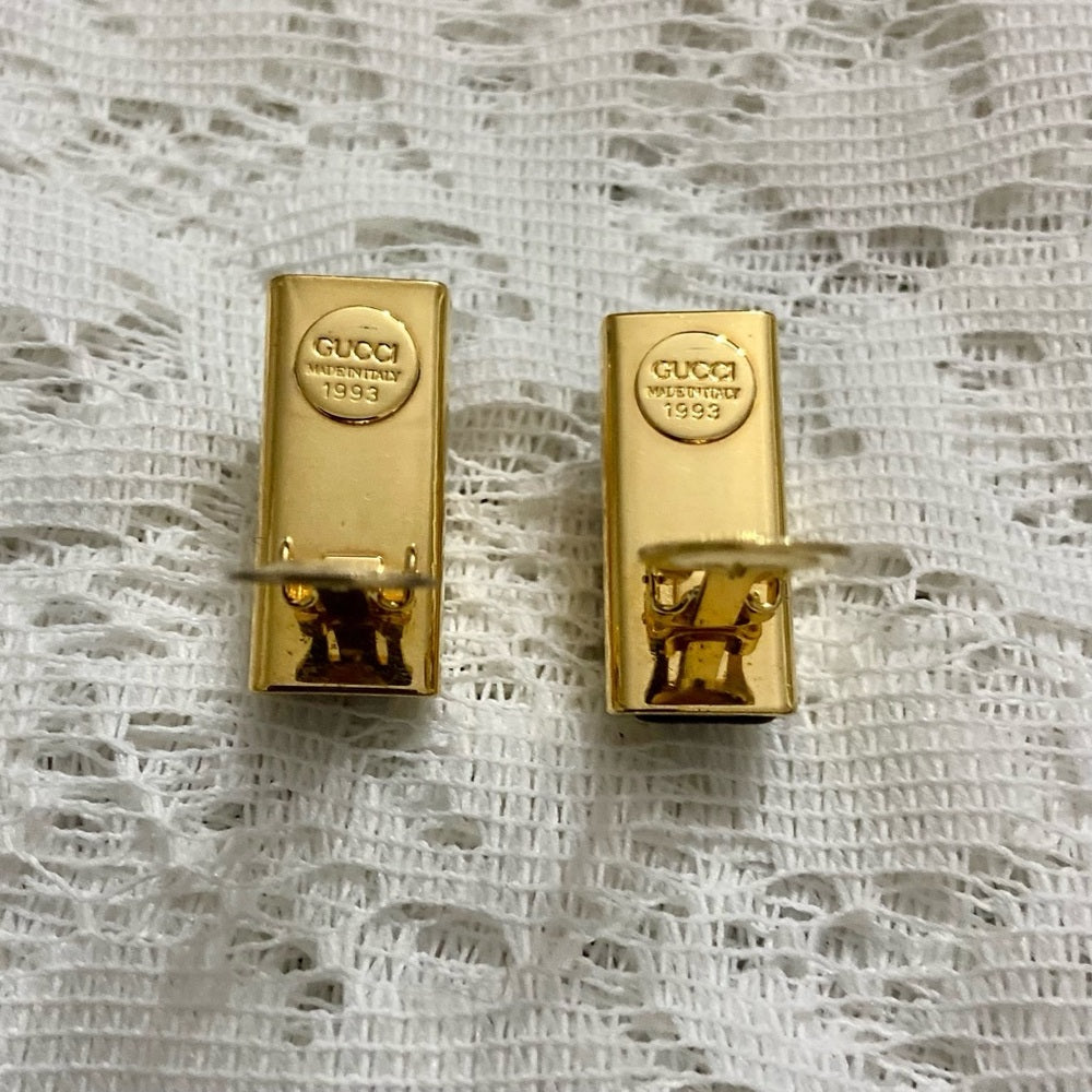 Vintage, Gucci, Italy 1993 Gold -Burgundy Clip Earrings 1.5in x 1/2 in