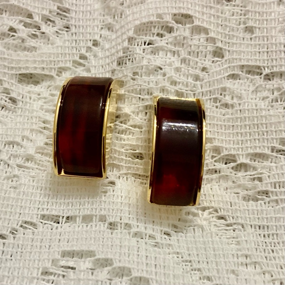 Vintage, Gucci, Italy 1993 Gold -Burgundy Clip Earrings 1.5in x 1/2 in