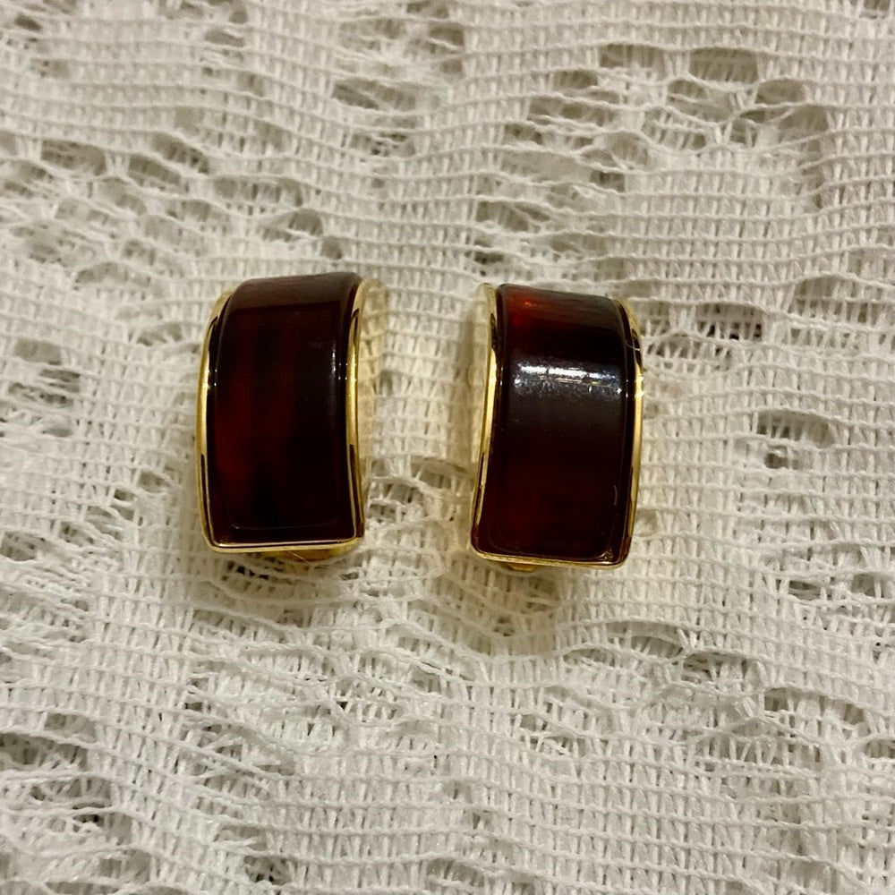Vintage, Gucci, Italy 1993 Gold -Burgundy Clip Earrings 1.5in x 1/2 in