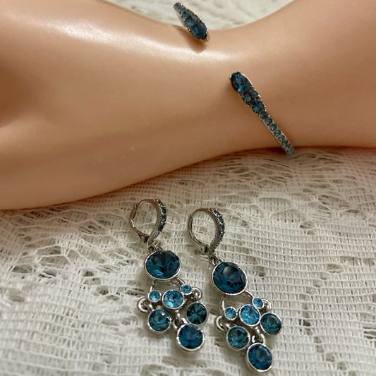 Vintage Givenchy Blue Crystals-Silver Cuff Bangle and Dangling Earrings Set
