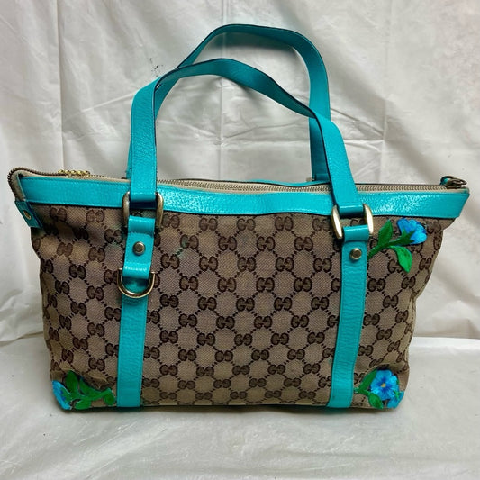 Vintage Gucci, Brown Mono w/ Teal Blue Leather Trim  Handbag 13in x 9in x 4in