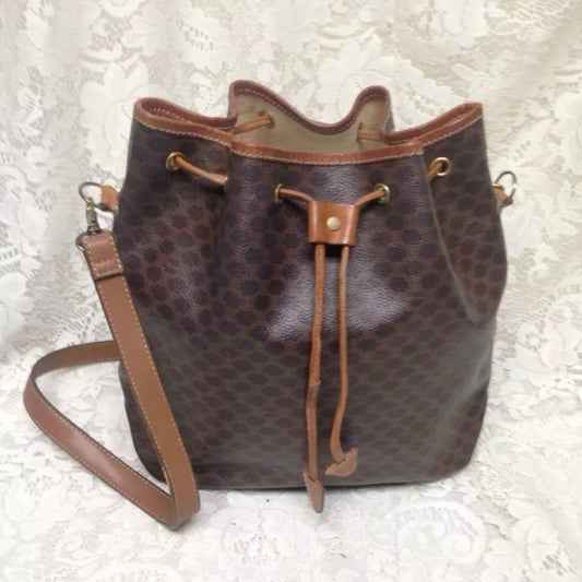 Celine, Italy Brown Macadam Bucket Drawstring Shoulder Bag 12in x 10in x 5in