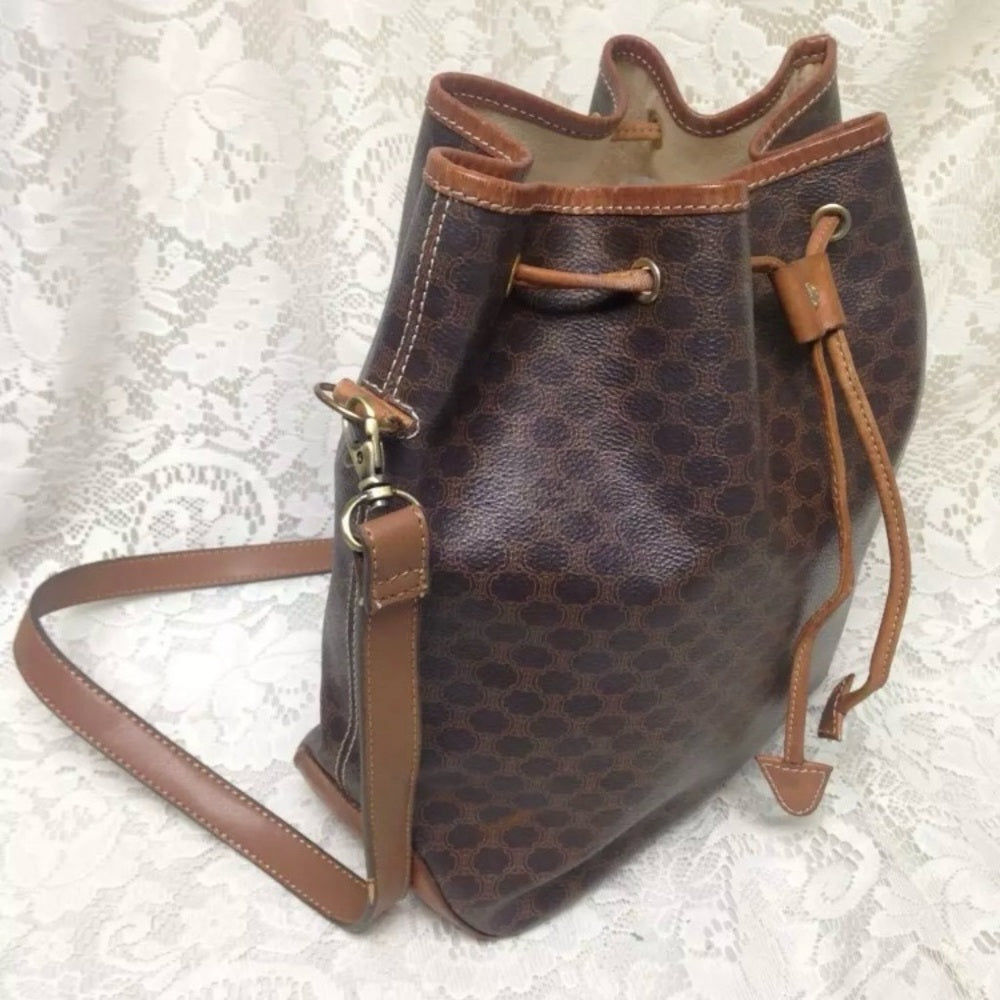 Celine, Italy Brown Macadam Bucket Drawstring Shoulder Bag 12in x 10in x 5in