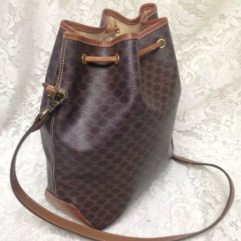 Celine, Italy Brown Macadam Bucket Drawstring Shoulder Bag 12in x 10in x 5in
