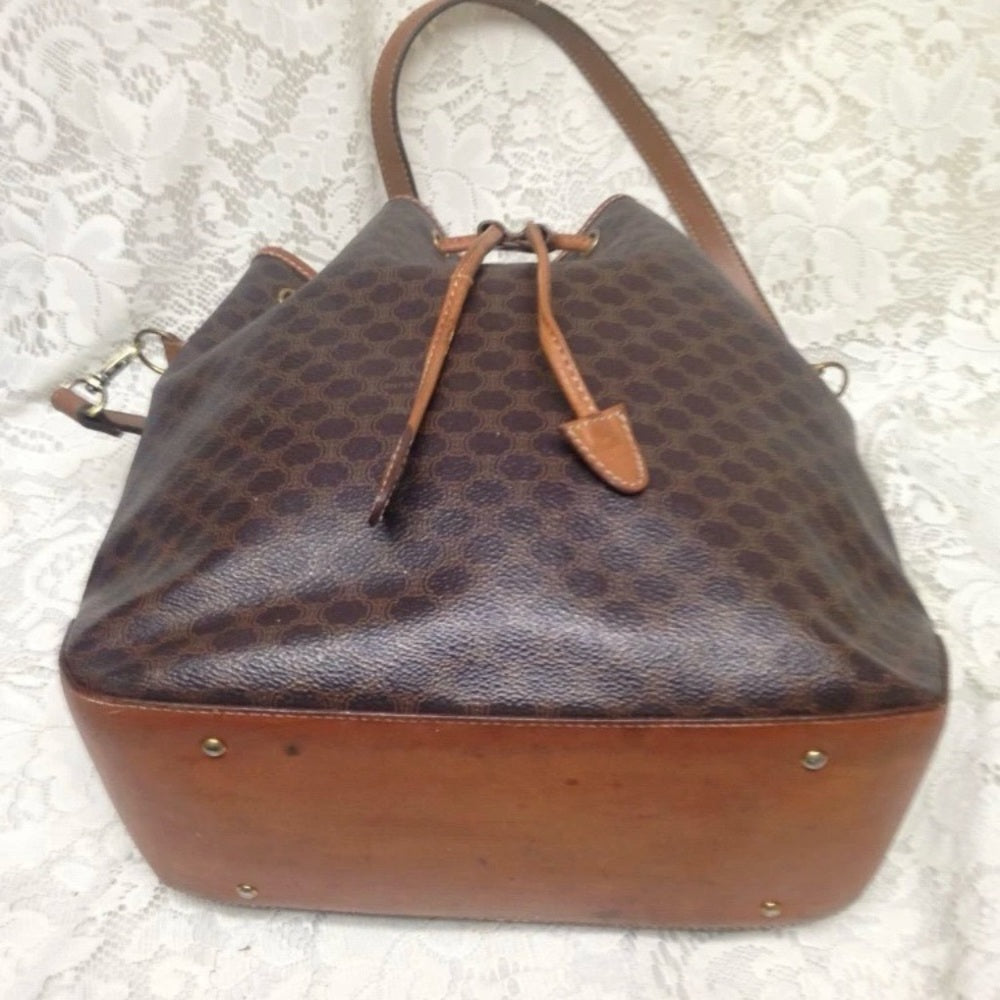 Celine, Italy Brown Macadam Bucket Drawstring Shoulder Bag 12in x 10in x 5in