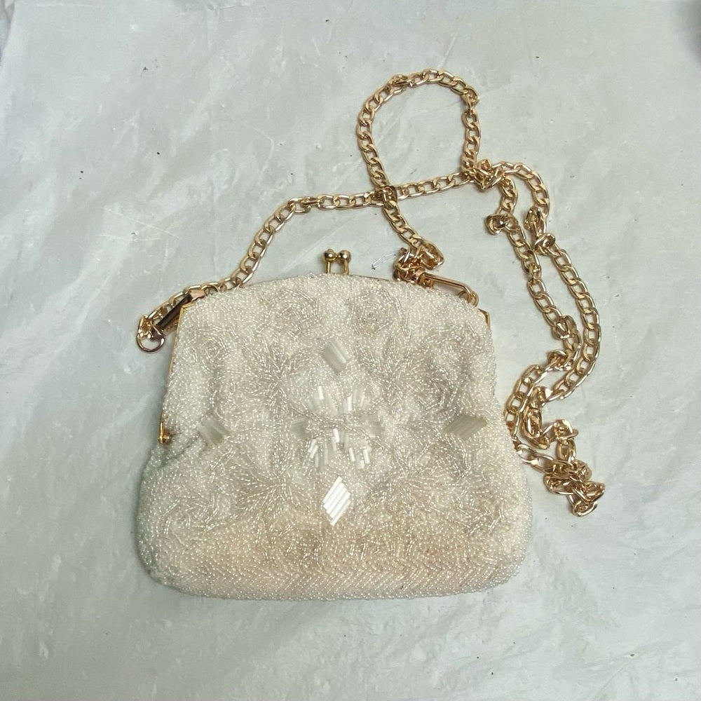 Vintage,  White Beaded Shoulder- Evening Bag 6in x 6in