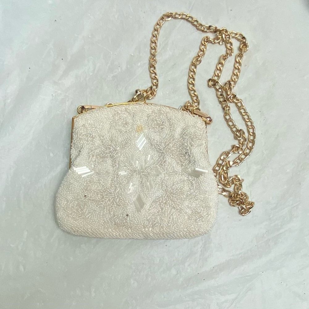 Vintage,  White Beaded Shoulder- Evening Bag 6in x 6in