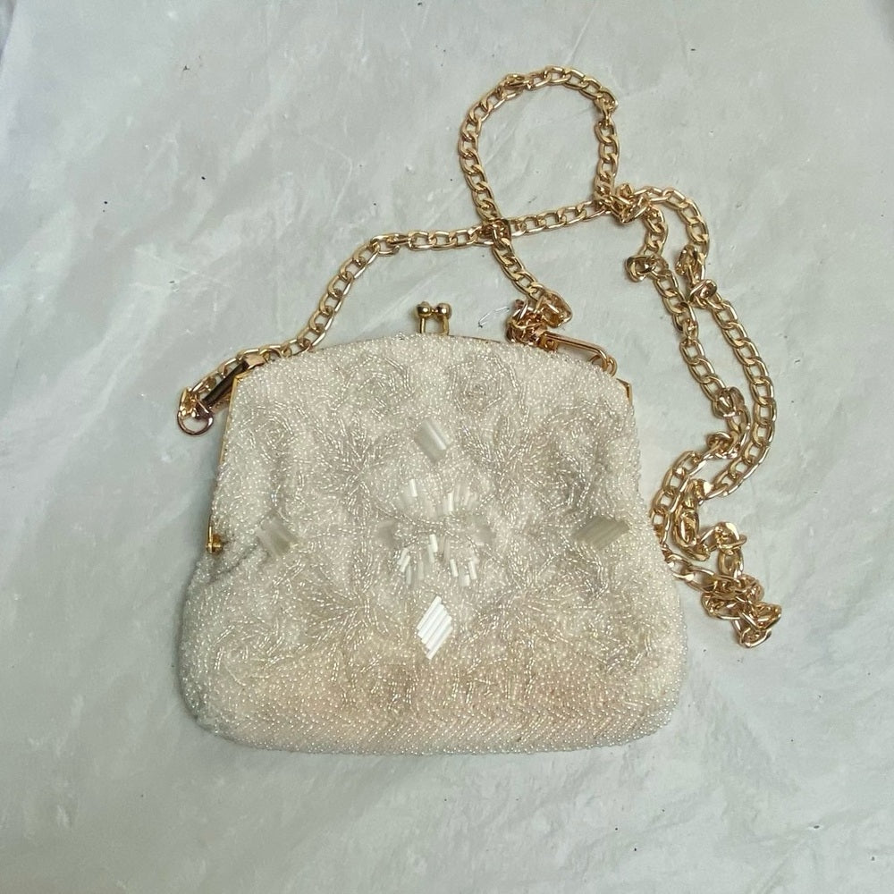 Vintage,  White Beaded Shoulder- Evening Bag 6in x 6in