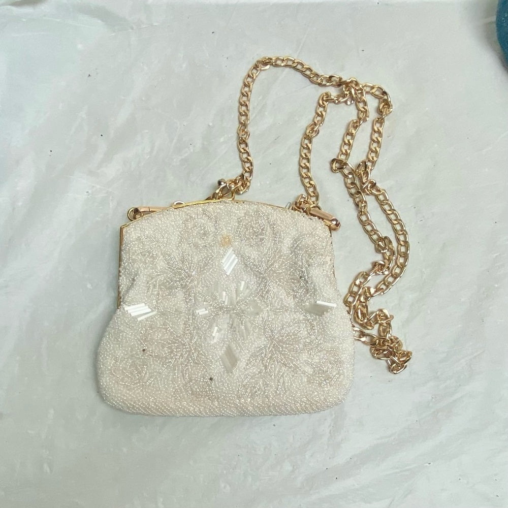 Vintage,  White Beaded Shoulder- Evening Bag 6in x 6in