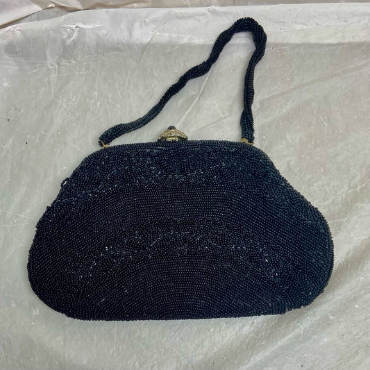 Vintage, Richere, Black Beaded Evening Bag with Rhinestone Clasp 6in x 9in