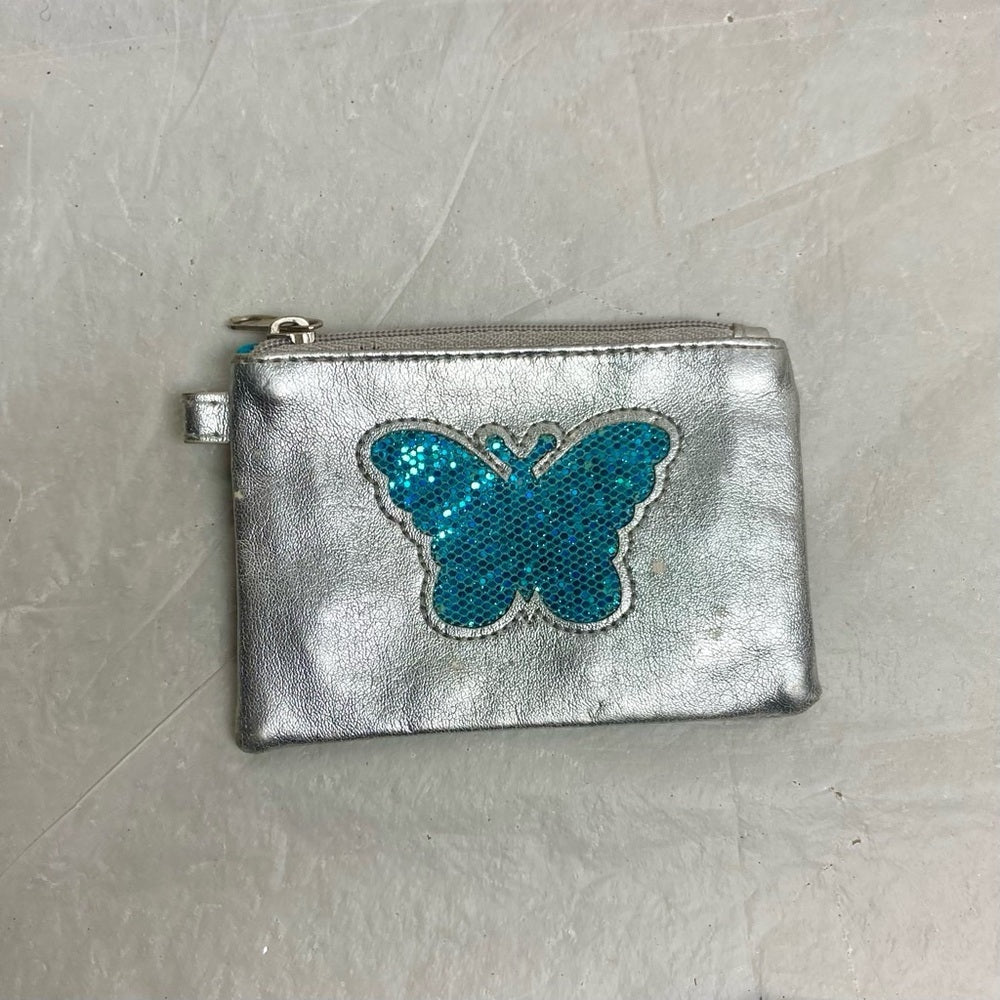 Vintage, Metallic Silver Leather with Blue Butterfly Coin Wallet 4.5in x 3in