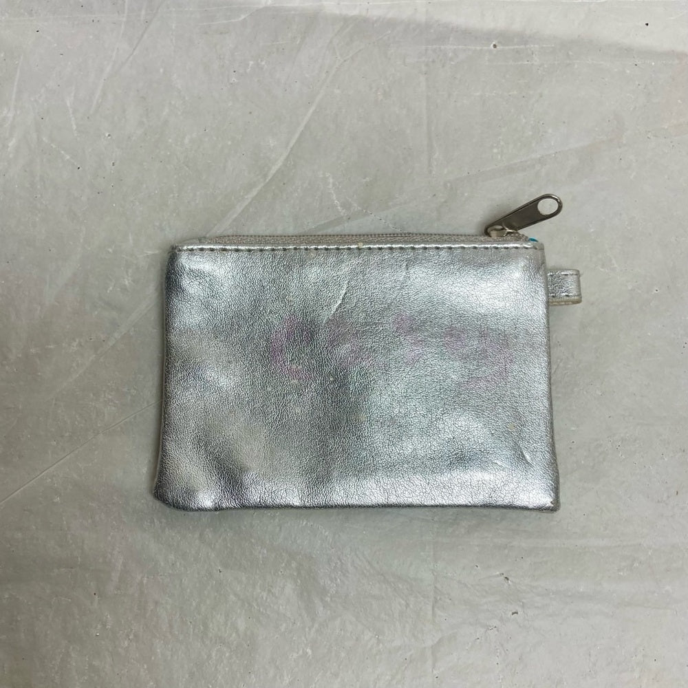 Vintage, Metallic Silver Leather with Blue Butterfly Coin Wallet 4.5in x 3in