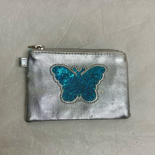 Vintage, Metallic Silver Leather with Blue Butterfly Coin Wallet 4.5in x 3in