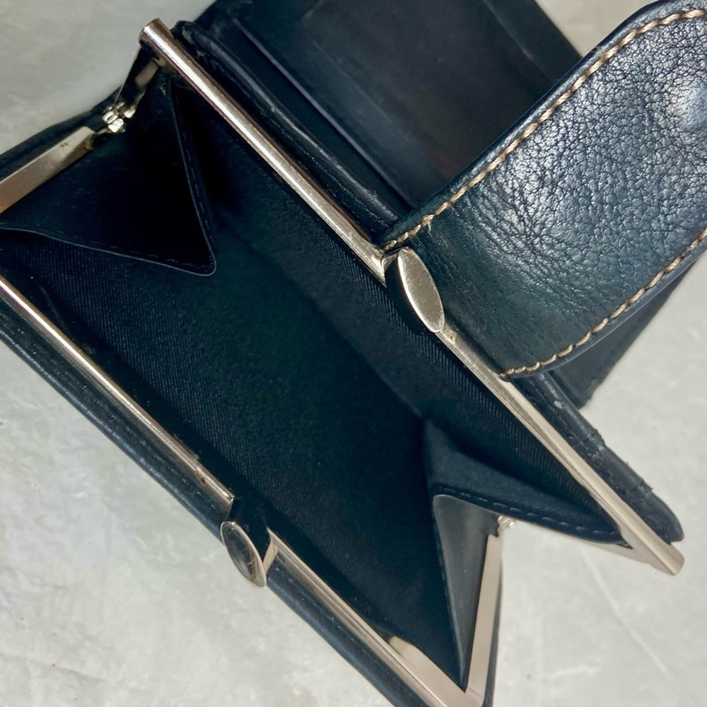 Vintage, Black Leather, Compact, Kisslock Coin Wallet 5.5in  x 3.5in
