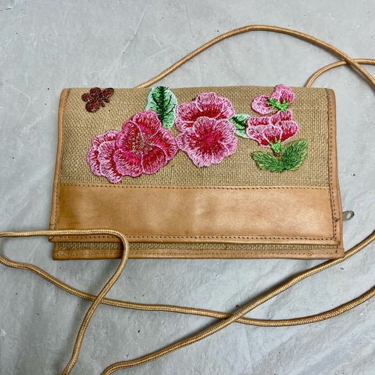 Vintage, Beige Floral  Crossbody Bag with Leather Trim 8in x 5in