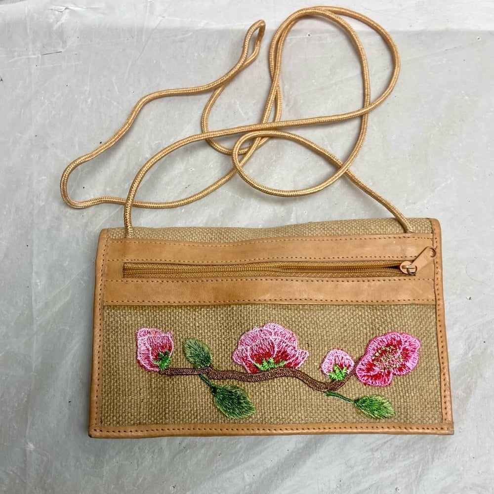 Vintage, Beige Floral  Crossbody Bag with Leather Trim 8in x 5in
