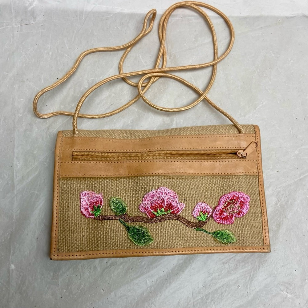 Vintage, Beige Floral  Crossbody Bag with Leather Trim 8in x 5in